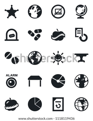 Set of vector isolated black icon - no laptop vector, ticket office, globe, document reload, pills, diet, earth, pie graph, table, police, alarm led