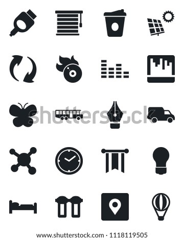 Set of vector isolated black icon - airport bus vector, bed, coffee, bulb, butterfly, molecule, car delivery, flame disk, equalizer, hdmi, update, scanner, place tag, clock, ink pen, sun panel