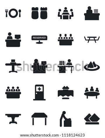 Set of vector isolated black icon - baby room vector, medical, meeting, manager place, picnic table, desk, restaurant, serviette, cafe, reserved, salt and pepper