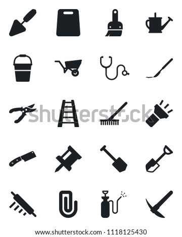 Set of vector isolated black icon - job vector, trowel, shovel, rake, ladder, watering can, wheelbarrow, bucket, pruner, garden sprayer, stethoscope, scalpel, themes, torch, drawing pin, paper clip