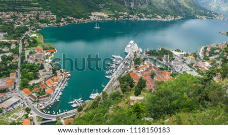 Panoramic aerial view of Kotor Bay (Boka Kotorska) and Kotor town, Montenegro. Natural and Historical Region of Kotor has been a UNESCO World Heritage Site since 1979 Royalty-Free Stock Photo #1118150183