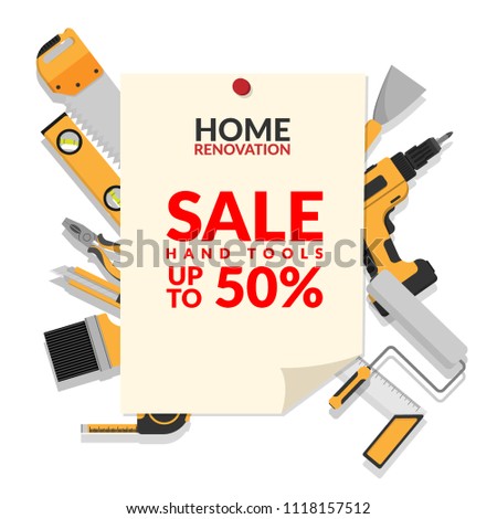home repair tools set isolated on white background with paper notice with text home renovation hand tools sale up to 50% for hardware store promotion and marketing Royalty-Free Stock Photo #1118157512
