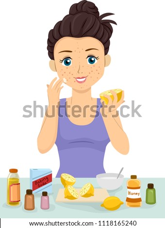 Illustration of a Teen Girl Using Home Remedies like Lemon, Baking Soda and Honey to Clear Her Pimples