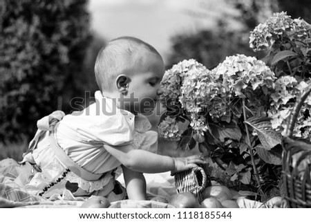 small child is sniffing flowers. Happy smiling funny small baby girl in stylish dress sitting outdoor on picnic with basket of green apples near flowers on natural grass backdrop, horizontal picture