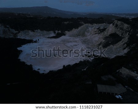 Aerial drone image of an active volcanic crater known as Sulfatara in Pozzuoli next to Naples in the South of Italy.
