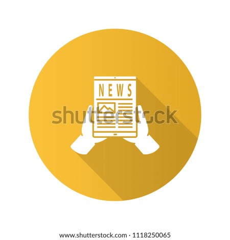 Hand holding tablet pc flat design long shadow glyph icon. Electronic newspaper. Online news. Raster silhouette illustration