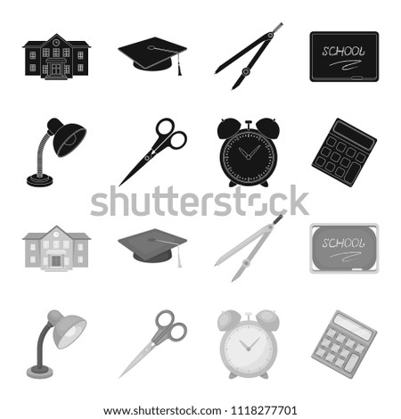 Table lamp, scissors, alarm clock, calculator. School and education set collection icons in black,monochrome style vector symbol stock illustration web.