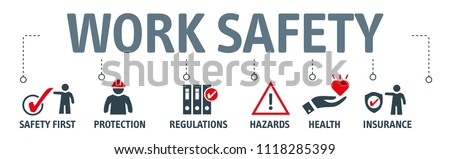 Banner work safety concept, hazards, protections, health and regulations with keywords and icons Royalty-Free Stock Photo #1118285399