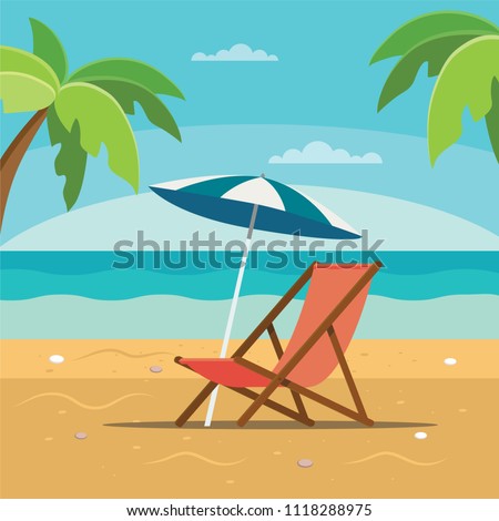 Beach chaise longue with umbrella, beach scene with sea and palms. Vector illustration in flat style
