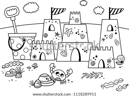 Black and white sand castle  on the beach. Vector illustration. 