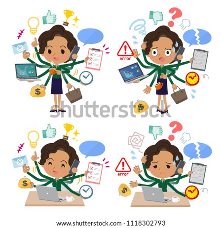 A set of women who perform multitasking in the office.
There are things to do smoothly and a pattern that is in a panic.
It's vector art so it's easy to edit.