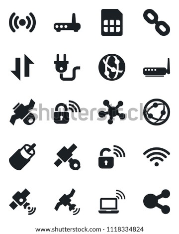 Set of vector isolated black icon - wireless notebook vector, satellite, network, share, chain, rca, sim, data exchange, power plug, lock, router, social media