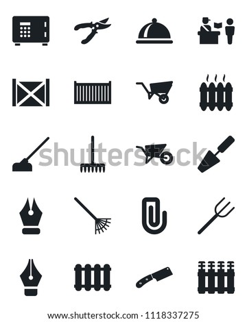 Set of vector isolated black icon - passport control vector, safe, trowel, farm fork, rake, wheelbarrow, pruner, hoe, cargo container, paper clip, ink pen, heater, dish, knife, radiator
