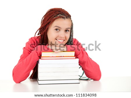 beautiful student girl with african braids resting on stack of books, white background, white background