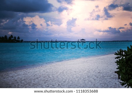 Beautiful purple sunset. A view of the ocean in the rays of the passing sun. Maldives Island. Maldive. Summer. May.
