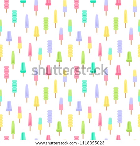 Vector illustration: seamless pattern with flat ice cream, fruit ice and frozen yogurt icons with wooden sticks in pastel colors isolated on white background. Childish ornament for wallper and fabric.