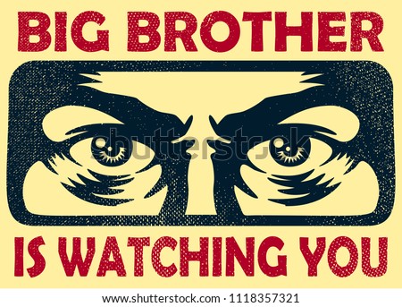Vintage big brother watching you spying eyes surveillance and personal data privacy violation concept vector illustration Royalty-Free Stock Photo #1118357321