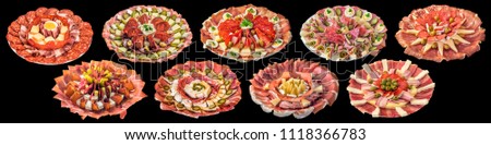 Collection of Nine Plateful Garnished Appetizer Savory Dishes Isolated on Black Background