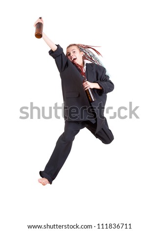 screaming young alcoholic woman running with brown bottles, full length, white background