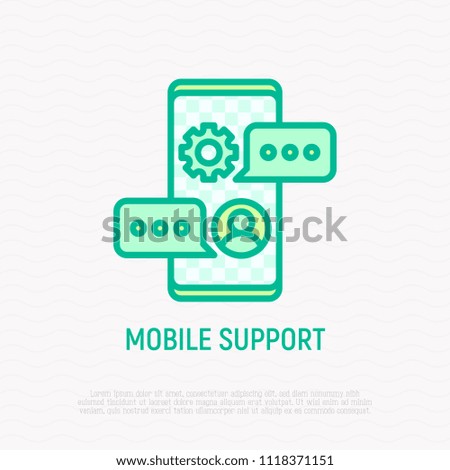 Mobile support thin line icon: chat on smartphone with speech bubble. Modern vector illustration.