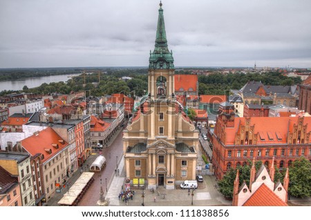 Poland - Torun. Old town skyline - aerial view from town hall tower. The medieval old town is a UNESCO World Heritage Site. HDR photo.