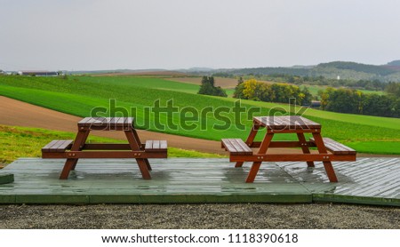 Wooden benches with green field background in Biei, Japan.