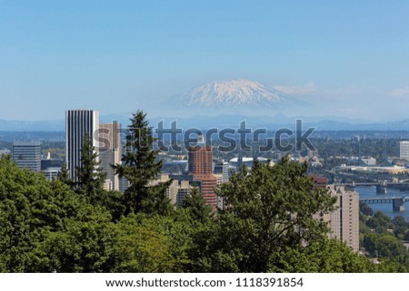 Portland Oregon downtown with Mount Saint Helens view