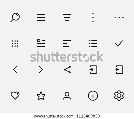 Most common app icon set for navigation and action bars, tabbar. All menu types: hamburger, donner, meatballs, kebab, bento menu. Best customizable icons set with grid for apps and web. Royalty-Free Stock Photo #1118409833