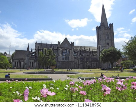 Landscape view of St. Patrick's Cathedral in Dublin with flower beds in foreground.