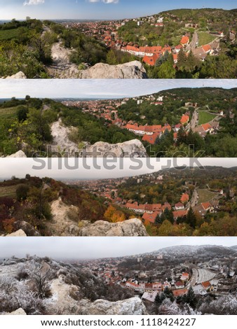 The cityscape of Pécs, the county seat of Baranya, in Hungary. Four season panorama montage.