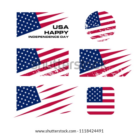 USA flag set with scrapes on white background, vector illustration. American national design element. Undependence day of united states of America, july fourth logo.