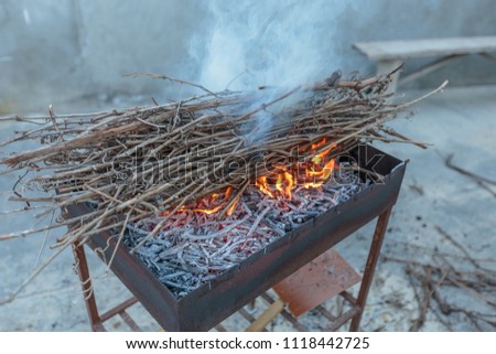 bonfire in the grill in the daytime in summer