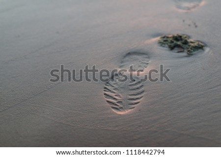 trace of shoes on a wet sandy beach