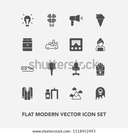 Modern, simple vector icon set with railway, beauty, machine, potato, mountain, food, coat, nature, outfit, french, electricity, train, xray, transport, ufo, brush, hair, blue, chair, light, sky icons
