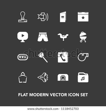 Modern, simple vector icon set on dark background with video, healthy, celebration, star, fireplace, stationery, phone, music, sale, internet, brochure, food, christmas, book, health, dentist,  icons