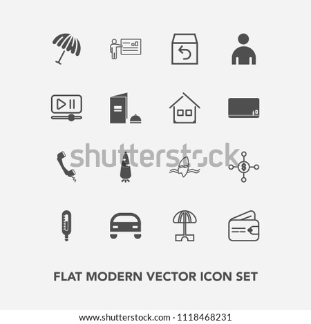 Modern, simple vector icon set with carrot, car, surfing, rain, business, surf, sign, return, delivery, dollar, box, summer, finance, money, parasol, vegetable, male, communication, people, man icons