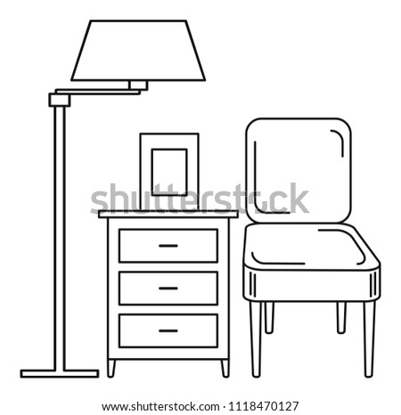 Floor lamp, chair and locker. Contour image of a home furniture. Vector clip art.