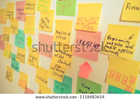 Creative board post-it colored sticky notes. Wall of visual business planning.