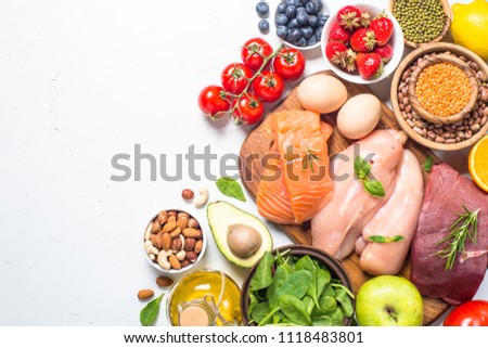 Balanced diet food background. 