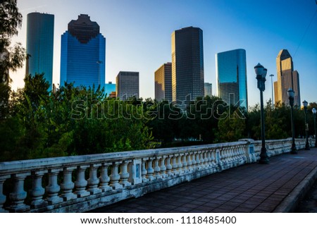 Sunrise on Sabine street Rising downtown towers of financial wealthy and property value the Skyline cityscape of Houston , Texas , USA big city of east Texas near Gulf coast bridge crossing