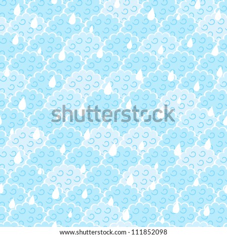 Seamless Light Blue Fluffy Cloud with Rain Drops Pattern. Vector Illustration