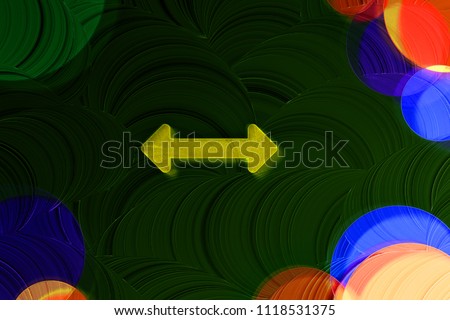 Neon Yellow Horizontal Arrows Icon on the Deep Green Background With Colorful Circles. 3D Illustration of Yellow Arrows, Bi Directional, Horizontal, Pass Icon Set on the Green Background.
