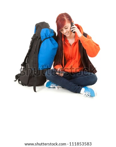 female tourist on the phone, full length, white background