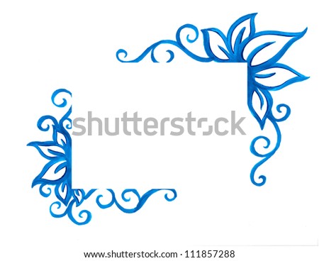 Blue fancy floral border decoration with abstract curls and leaves and a blank rectangle box.