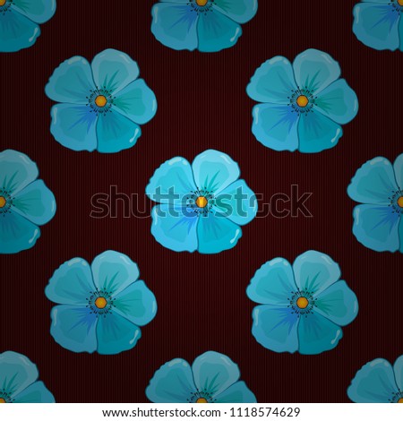 Vector seamless background pattern with stylized cosmos flowers and leaves in purple, blue and brown colors.
