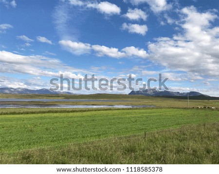 Western shore by Hvitserkur (Hvítserkur) of the Vatnsnes peninsula, in northwest Iceland. Green landscape and bright blue sky.