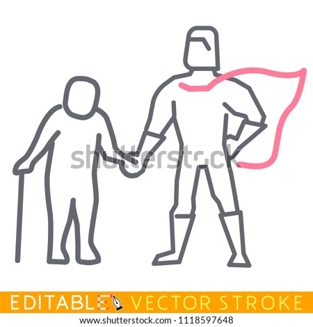 Superman hero cares about senior. Gerontology concept. Editable stroke sketch icon. Stock vector illustration.