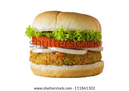 A cheese-free vegetarian burger made from vegetables and breadcrumbs, stacked with onion rings, slice of tomato and curly lettuce, in a bap.  Isolated on white. Royalty-Free Stock Photo #111861302