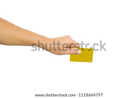 Hand hold credit card on white background.