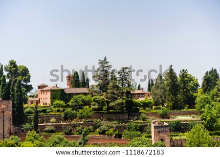 Fortress in the highlands, Andalusia Spain, Granada, Alcazaba landscape for the logo, space for text